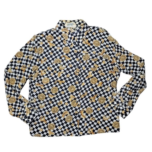vintage Alexander silk checkered gold ornate long sleeve button up shirt size 48 - Picture 1 of 6